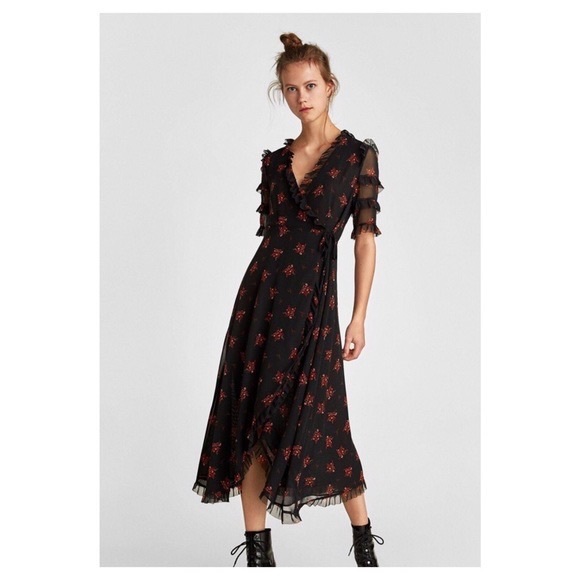 Zara Dresses Zara Black And Floral Wrap Dress Poshmark
